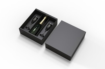 Champagne bottle and flute glass Gift Box for branding and mock up. 3d render illustration.