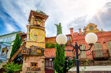 Beautiful Clock Tower of puppet theater Rezo Gabriadze in historical center of old Tbilisi, Georgia