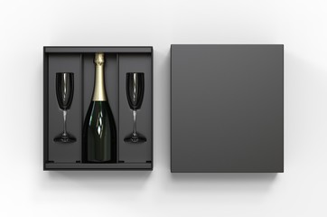 Champagne bottle and flute glass Gift Box for branding and mock up. 3d render illustration.