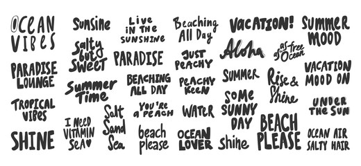 Ocean, vibes, paradise, sun, sunny, shine, beach, please, tropical, aloha, summer, mood. Vector hand drawn illustration collection set with cartoon lettering.  © Daria