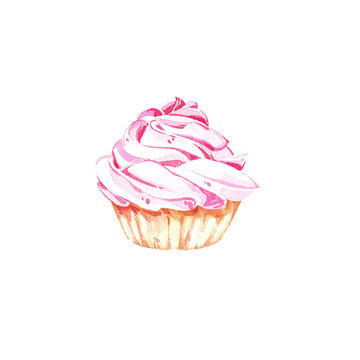 Watercolor cake hand painted illustration isolated on white background. Watercolor sweets collection. Perfect for cards, prints, invitations, birthday cards. The romantic image with cakes and pink