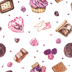 Watercolor image of a seamless pattern of sweets, candies in the shape of hearts, chocolates, cakes and envelope, Valentine's Day. Perfect for cards, prints, invitations, birthday cards.