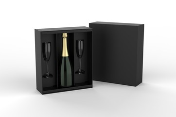 Champagne bottle and flute glass Gift Box for branding and mock up. 3d render illustration.
