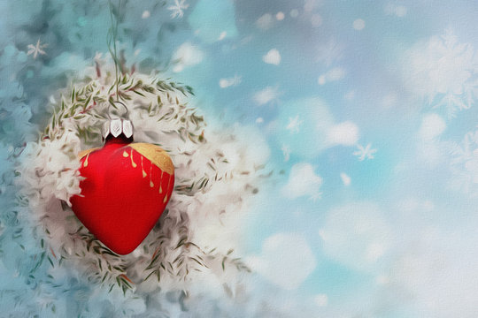 Christmas Card with heart. Photo worked out in Photoshop as an oil painting