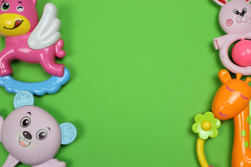 frame of toys on a colored background