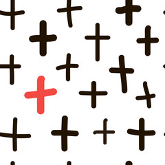 Pattern of black crosses on a white background with a single red cross