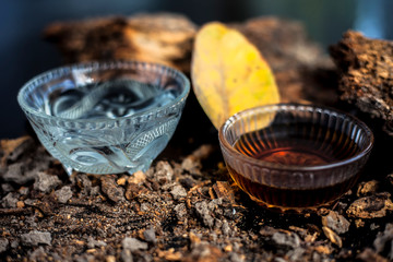 Home remedy for sexually transmitted diseases on a black glossy surface consisting of Banyan tree...