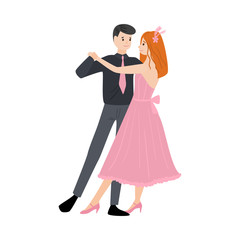 Dancing pair of man in a shirt with a tie and red-haired girl in a long pink dress. Vector illustration in flat cartoon style.