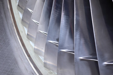 Blades of fan aviation engine close up view
