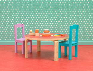 Wood and plastic vintage style playroom and toys with kid table and chairs on green and red background, 3d Rendering