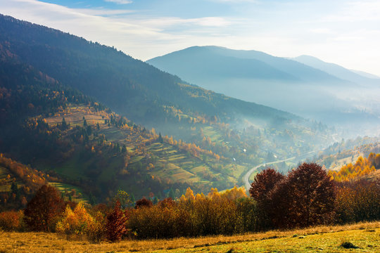 carpathian rural area in autumn. wonderful landscape in mountains on a hazy day. village in the distant valley. hillside with weathered grass an trees in fall foliage. mysterious overcast weather