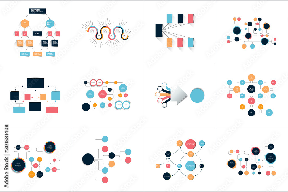 Poster fowcharts schemes, diagrams. mega set. simply color editable. infographics elements.