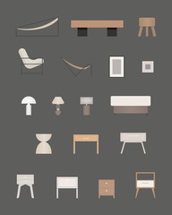 Set of furniture vector. Interior design elements. Interior elements and furniture icons. Isolated vector objects. Scene creator vector set. Flat style vector illustration 