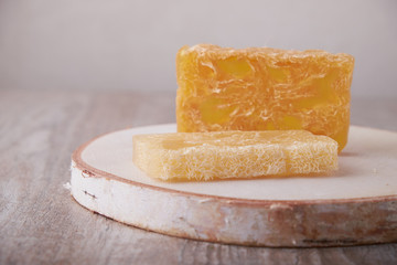 Handmade soap, spa, beauty skincare concept, handmade soap and dried flowers on old table