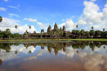 Cambodia landmark wallpaper. Angkor Wat temple reflected in water lake