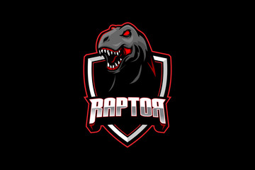 Raptor dinosaur Tyrannosaurus or T-rex head with shield vector logo template