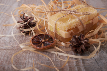 Handmade soap, spa, beauty skincare concept, handmade soap and dried flowers on old table