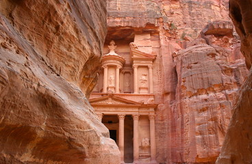 Rocks of Petra and the Al Khazneh or the Treasury at Petra one of the new seven wonders of the world, Jordan.