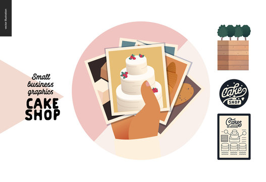 Cake shop, cakes on demand - small business graphics - menu icon -modern flat vector concept illustrations - a round badge with a stack of photos of cakes, tarts, cupcakes. Cake shop details