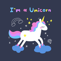 Hand Drawn Cute Unicorn Illustration. Cute Little Magical Rainbow Unicorn Vector Illustration. - 301585282
