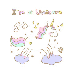 Hand Drawn Cute Unicorn Illustration. Cute Little Magical Rainbow Unicorn Vector Illustration. - 301585285