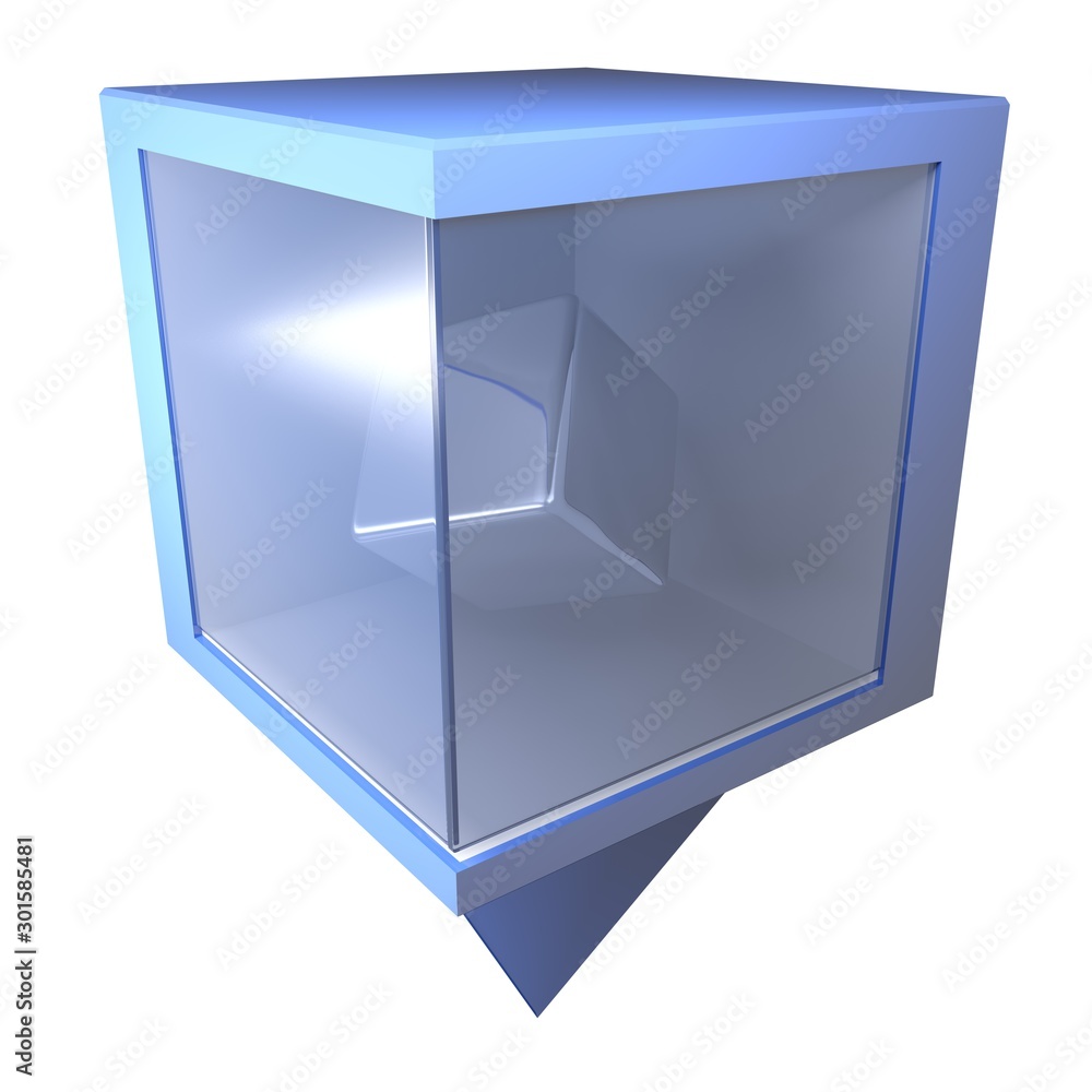 Poster blue positioning box with rotating metallic cube - 3d rendering illustration