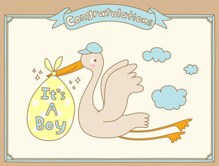 It's A Boy Stork Special Delivery. Baby Shower Announcement Card. Vector Illustration. - 301585472