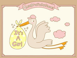 It's A Girl Stork Special Delivery. Baby Shower Announcement Card. Vector Illustration. - 301585650