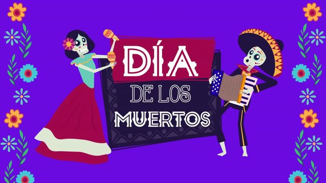 dia de los muertos animation with skull mariachi and catrina characters