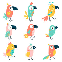 Set of cartoon beautiful parrots and wild birds. Funny baby macaw parrots. Vector illustration on a white isolated background