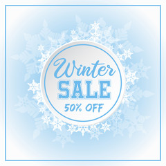 Winter sale promotion vector design. Square format. Light blue fades to white background, with a circle in the center and white snowflakes around the circle with sale text inside the circle