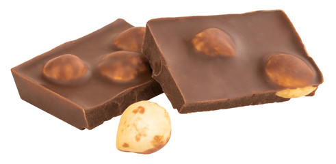 chocolate pieces with nuts isolated on white background