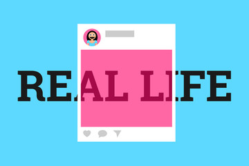 Real life vs social media - rose-colored and pink color of post is distorting and manipulating reality - fake, false and inauthentic idealization on social networking site. Vector illustration.