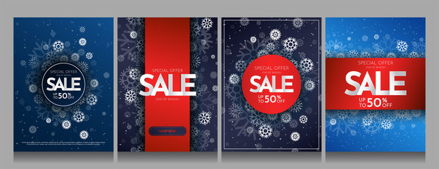 Set of winter graphic posters. Art design. Modern decorative invitation with red and blue color. Covers for brochures. Creative luxury concept. Discount sale banner. Flat snowflakes. Snowfall. A4 size