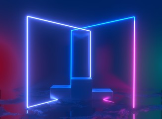 3d rendering, neon light, glowing lines, ultraviolet, stage, portal, square portal, pedestal, virtual reality, abstract background, red blue spectrum vibrant colors laser show