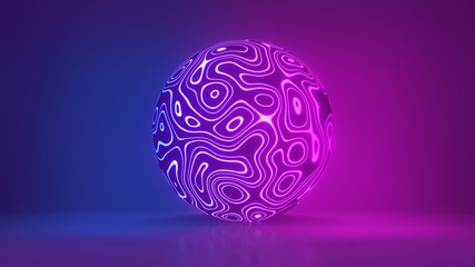 Glowing sphere, ultraviolet neon light, pink blue disco ball, bubble, balloon, abstract minimal background, network connections, laser show. 3d rendering.