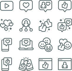 Social Network icons set vector illustration. Contains such icon as Thumb up, Like, Share, Love emoticon and more. Expanded Stroke