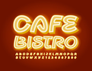 Vector glowing emblem Cafe Bistro with Yellow neon Font. Bright electric Alphabet Letters and Numbers