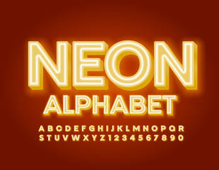 Vector bright Neon Alphabet Letters and Numbers. Stylish glowing Font