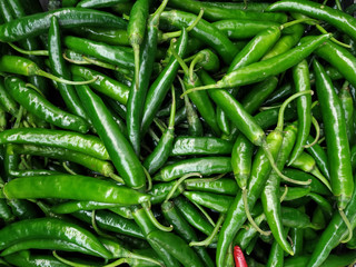 Green pepper or chili from the farm Close up or macro fresh beautiful Green peppers on the market texture and background