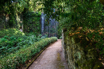 An idyllic pathway leading to a small waterfall at the English Garden of Caserta Royal Palace, Campania, Italy, Campania, Italy