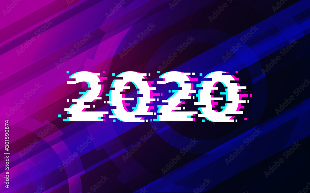 Aufkleber 2020 glitch text on abstract technology futuristic background vector design.