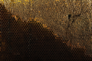 Honeycomb with honey and pollen. Sweet and natural honey inside the honeycomb. Background of...