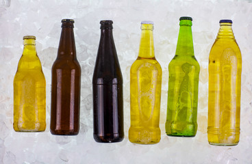 Beer bottles with cold ice cubes