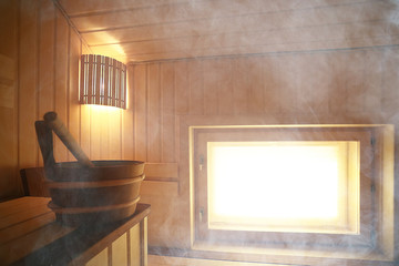 sauna, wooden interior baths, wooden benches and loungers accessories for sauna, spa complex in the hotel