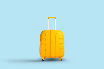 Fototapeta Yellow suitcase on a blue background. Travel and vacation concept in triples. Flat lay, top view obraz
