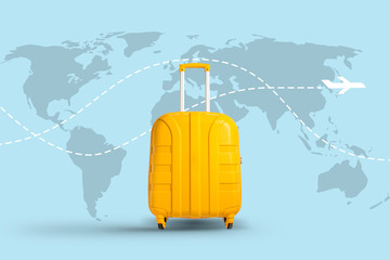 Yellow suitcase on a white background with the icon of a flying airplane and a map of the planet. Travel and vacation concept, business trip. Flat lay, top view