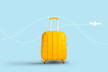 Yellow suitcase on a white background with a flying airplane icon. Travel and vacation concept,...
