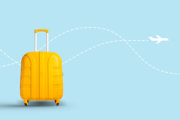 Yellow suitcase on a white background with a flying airplane icon. Travel and vacation concept, business trip. Flat lay, top view - obrazy, fototapety, plakaty