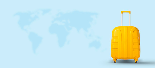 Yellow suitcase on a white background with a map of the planet. Travel and vacation concept, business trip. Flat lay, top view